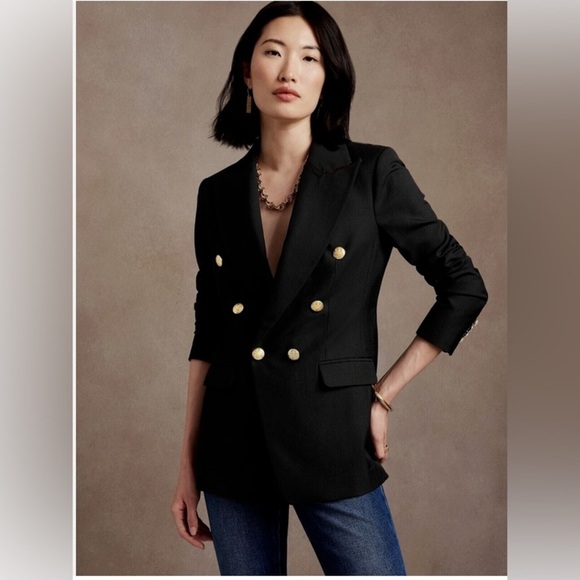 Banana Republic Classic Black Wool Blend Captain's Blazer Gold Buttons SZ 6Pet - Picture 7 of 7